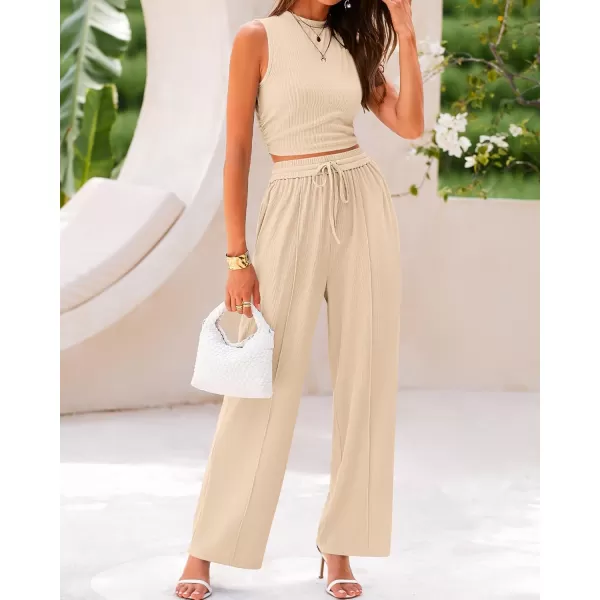 BTFBM Women Summer 2 Piece Outfits Ribbed Knit Crew Neck Sleeveless Cropped Top Elastic Waist Wide Leg Pants Lounge SetSolid Apricot