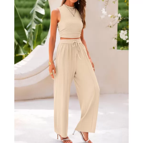 BTFBM Women Summer 2 Piece Outfits Ribbed Knit Crew Neck Sleeveless Cropped Top Elastic Waist Wide Leg Pants Lounge SetSolid Apricot