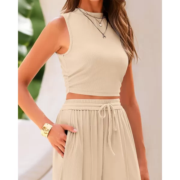 BTFBM Women Summer 2 Piece Outfits Ribbed Knit Crew Neck Sleeveless Cropped Top Elastic Waist Wide Leg Pants Lounge SetSolid Apricot
