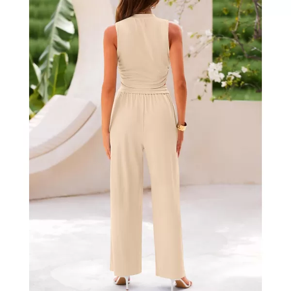 BTFBM Women Summer 2 Piece Outfits Ribbed Knit Crew Neck Sleeveless Cropped Top Elastic Waist Wide Leg Pants Lounge SetSolid Apricot