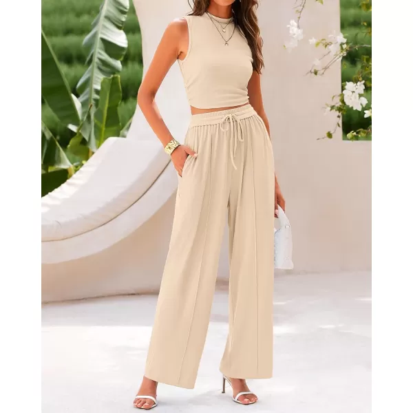 BTFBM Women Summer 2 Piece Outfits Ribbed Knit Crew Neck Sleeveless Cropped Top Elastic Waist Wide Leg Pants Lounge SetSolid Apricot