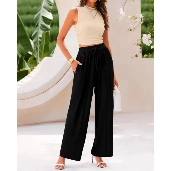 BTFBM Women Summer 2 Piece Outfits Ribbed Knit Crew Neck Sleeveless Cropped Top Elastic Waist Wide Leg Pants Lounge SetSolid Apricot Black