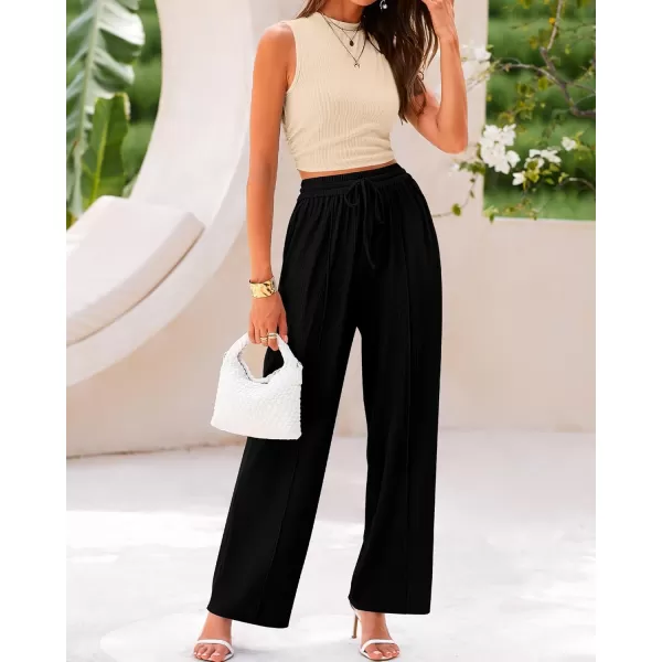 BTFBM Women Summer 2 Piece Outfits Ribbed Knit Crew Neck Sleeveless Cropped Top Elastic Waist Wide Leg Pants Lounge SetSolid Apricot Black