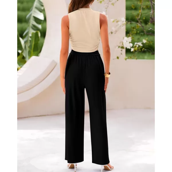 BTFBM Women Summer 2 Piece Outfits Ribbed Knit Crew Neck Sleeveless Cropped Top Elastic Waist Wide Leg Pants Lounge SetSolid Apricot Black