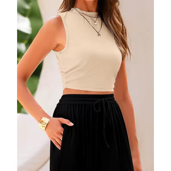 BTFBM Women Summer 2 Piece Outfits Ribbed Knit Crew Neck Sleeveless Cropped Top Elastic Waist Wide Leg Pants Lounge SetSolid Apricot Black