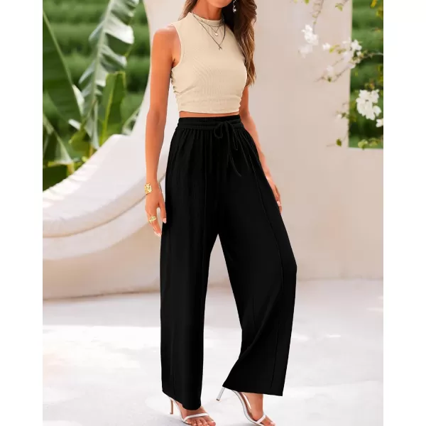BTFBM Women Summer 2 Piece Outfits Ribbed Knit Crew Neck Sleeveless Cropped Top Elastic Waist Wide Leg Pants Lounge SetSolid Apricot Black