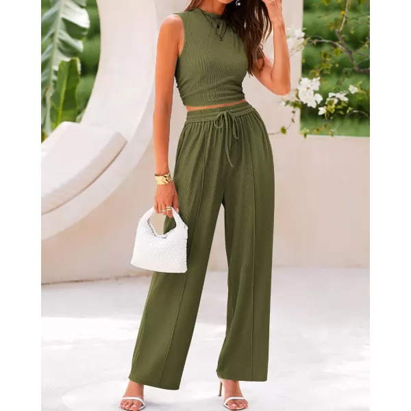 BTFBM Women Summer 2 Piece Outfits Ribbed Knit Crew Neck Sleeveless Cropped Top Elastic Waist Wide Leg Pants Lounge SetSolid Army Green