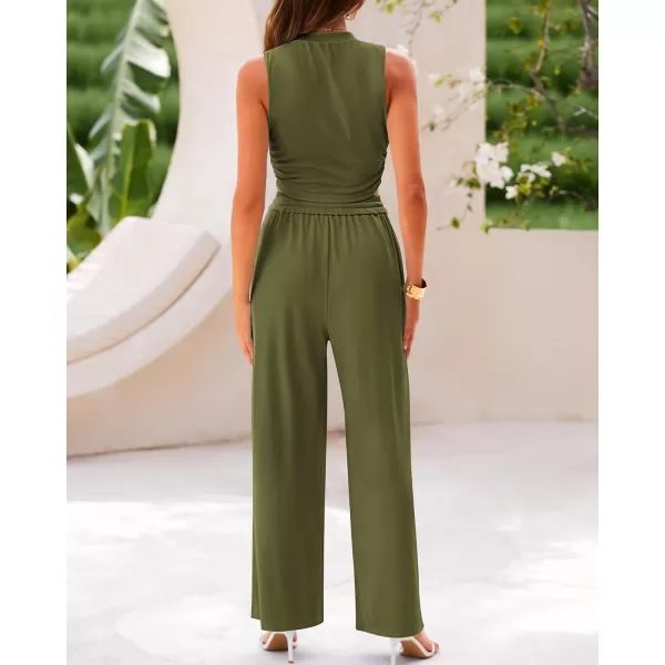 BTFBM Women Summer 2 Piece Outfits Ribbed Knit Crew Neck Sleeveless Cropped Top Elastic Waist Wide Leg Pants Lounge SetSolid Army Green