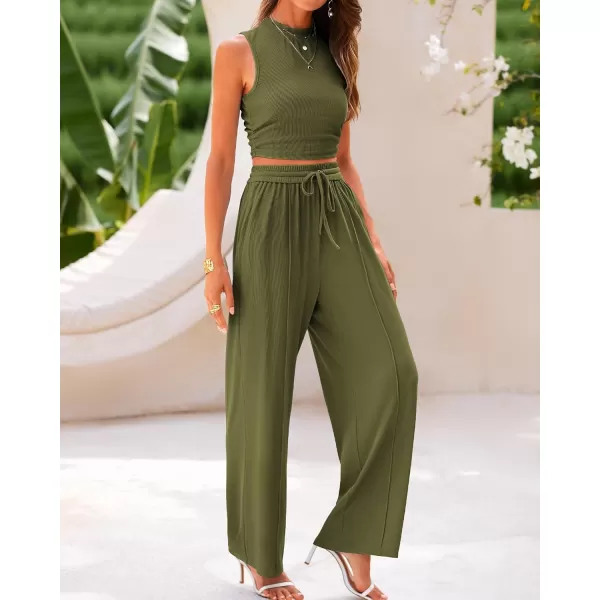 BTFBM Women Summer 2 Piece Outfits Ribbed Knit Crew Neck Sleeveless Cropped Top Elastic Waist Wide Leg Pants Lounge SetSolid Army Green