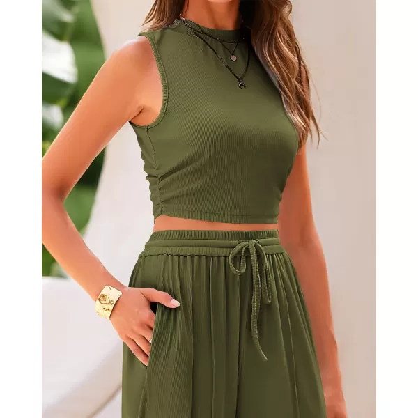 BTFBM Women Summer 2 Piece Outfits Ribbed Knit Crew Neck Sleeveless Cropped Top Elastic Waist Wide Leg Pants Lounge SetSolid Army Green
