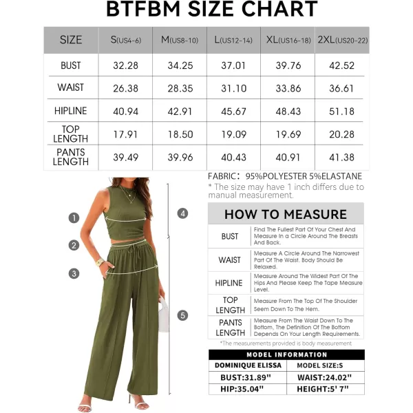 BTFBM Women Summer 2 Piece Outfits Ribbed Knit Crew Neck Sleeveless Cropped Top Elastic Waist Wide Leg Pants Lounge SetSolid Army Green
