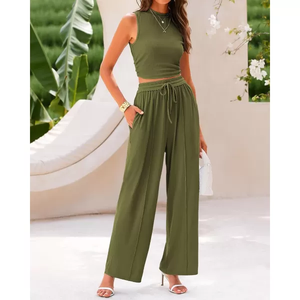 BTFBM Women Summer 2 Piece Outfits Ribbed Knit Crew Neck Sleeveless Cropped Top Elastic Waist Wide Leg Pants Lounge SetSolid Army Green