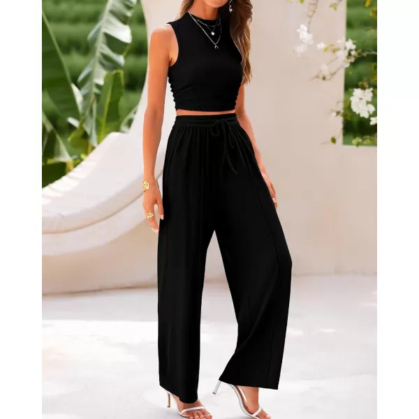 BTFBM Women Summer 2 Piece Outfits Ribbed Knit Crew Neck Sleeveless Cropped Top Elastic Waist Wide Leg Pants Lounge SetSolid Black