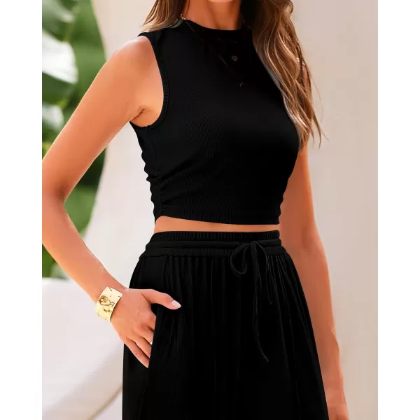 BTFBM Women Summer 2 Piece Outfits Ribbed Knit Crew Neck Sleeveless Cropped Top Elastic Waist Wide Leg Pants Lounge SetSolid Black