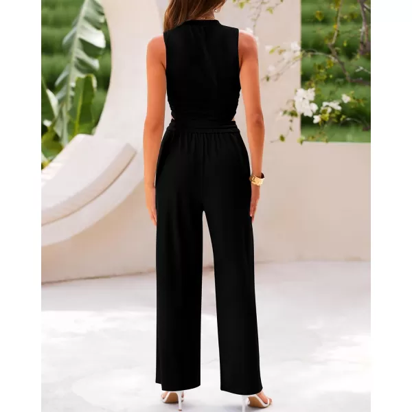 BTFBM Women Summer 2 Piece Outfits Ribbed Knit Crew Neck Sleeveless Cropped Top Elastic Waist Wide Leg Pants Lounge SetSolid Black