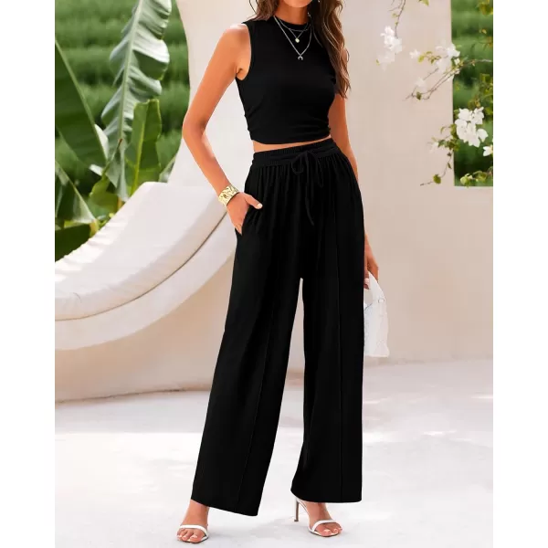 BTFBM Women Summer 2 Piece Outfits Ribbed Knit Crew Neck Sleeveless Cropped Top Elastic Waist Wide Leg Pants Lounge SetSolid Black