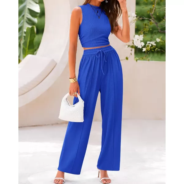BTFBM Women Summer 2 Piece Outfits Ribbed Knit Crew Neck Sleeveless Cropped Top Elastic Waist Wide Leg Pants Lounge SetSolid Blue