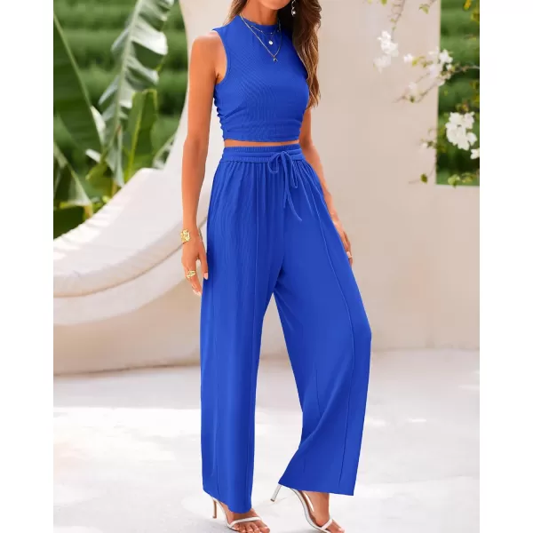 BTFBM Women Summer 2 Piece Outfits Ribbed Knit Crew Neck Sleeveless Cropped Top Elastic Waist Wide Leg Pants Lounge SetSolid Blue