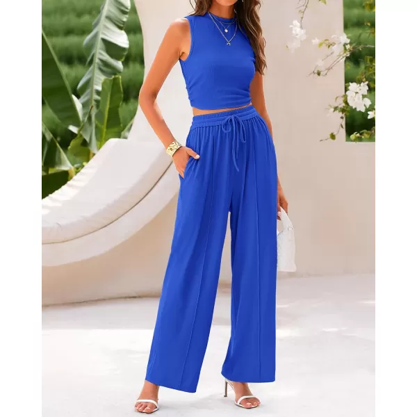 BTFBM Women Summer 2 Piece Outfits Ribbed Knit Crew Neck Sleeveless Cropped Top Elastic Waist Wide Leg Pants Lounge SetSolid Blue