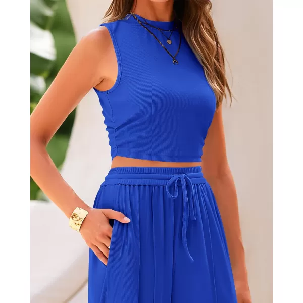 BTFBM Women Summer 2 Piece Outfits Ribbed Knit Crew Neck Sleeveless Cropped Top Elastic Waist Wide Leg Pants Lounge SetSolid Blue