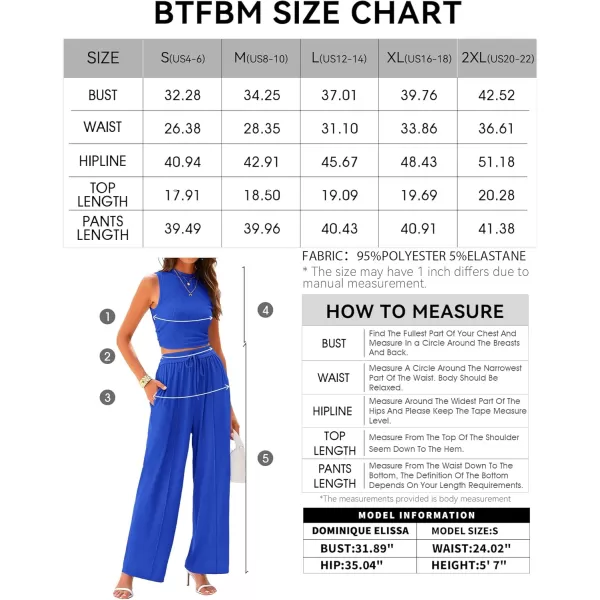 BTFBM Women Summer 2 Piece Outfits Ribbed Knit Crew Neck Sleeveless Cropped Top Elastic Waist Wide Leg Pants Lounge SetSolid Blue