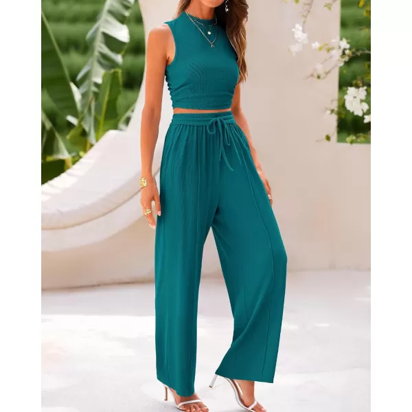 BTFBM Women Summer 2 Piece Outfits Ribbed Knit Crew Neck Sleeveless Cropped Top Elastic Waist Wide Leg Pants Lounge SetSolid Blue Green