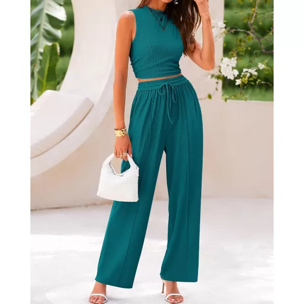 BTFBM Women Summer 2 Piece Outfits Ribbed Knit Crew Neck Sleeveless Cropped Top Elastic Waist Wide Leg Pants Lounge SetSolid Blue Green