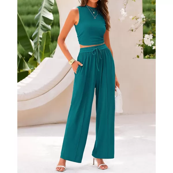 BTFBM Women Summer 2 Piece Outfits Ribbed Knit Crew Neck Sleeveless Cropped Top Elastic Waist Wide Leg Pants Lounge SetSolid Blue Green