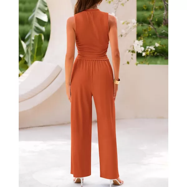 BTFBM Women Summer 2 Piece Outfits Ribbed Knit Crew Neck Sleeveless Cropped Top Elastic Waist Wide Leg Pants Lounge SetSolid Brick Red