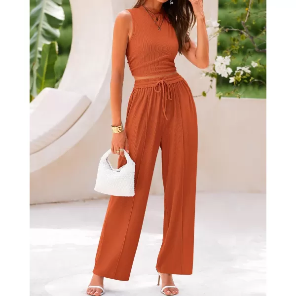 BTFBM Women Summer 2 Piece Outfits Ribbed Knit Crew Neck Sleeveless Cropped Top Elastic Waist Wide Leg Pants Lounge SetSolid Brick Red