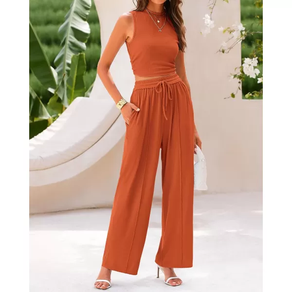 BTFBM Women Summer 2 Piece Outfits Ribbed Knit Crew Neck Sleeveless Cropped Top Elastic Waist Wide Leg Pants Lounge SetSolid Brick Red