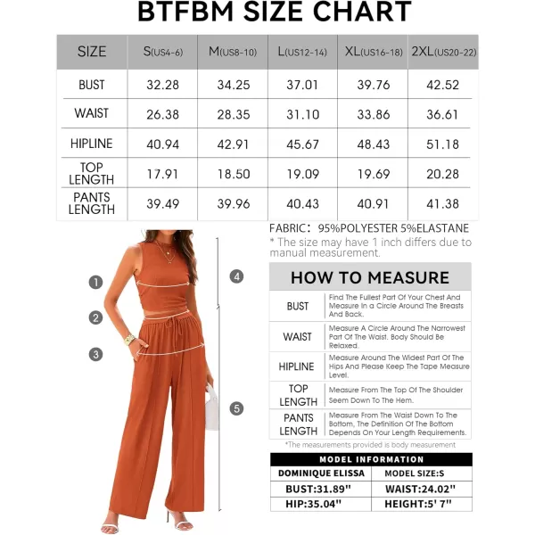 BTFBM Women Summer 2 Piece Outfits Ribbed Knit Crew Neck Sleeveless Cropped Top Elastic Waist Wide Leg Pants Lounge SetSolid Brick Red