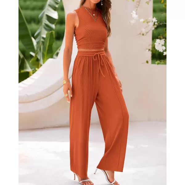BTFBM Women Summer 2 Piece Outfits Ribbed Knit Crew Neck Sleeveless Cropped Top Elastic Waist Wide Leg Pants Lounge SetSolid Brick Red