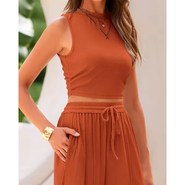 BTFBM Women Summer 2 Piece Outfits Ribbed Knit Crew Neck Sleeveless Cropped Top Elastic Waist Wide Leg Pants Lounge SetSolid Brick Red