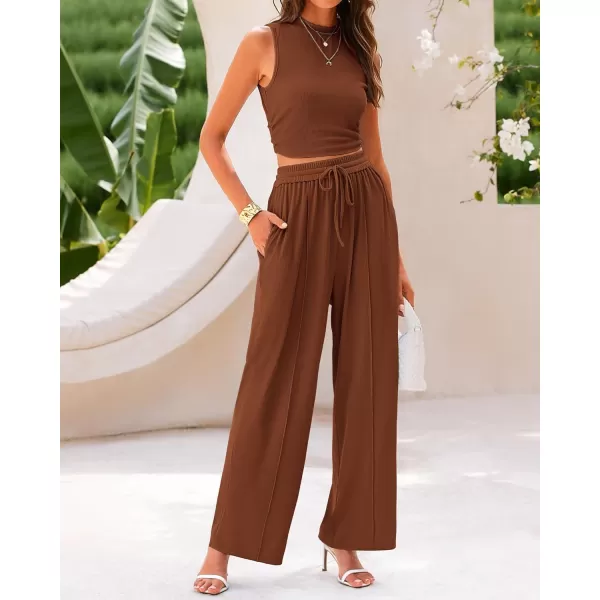 BTFBM Women Summer 2 Piece Outfits Ribbed Knit Crew Neck Sleeveless Cropped Top Elastic Waist Wide Leg Pants Lounge SetSolid Brown