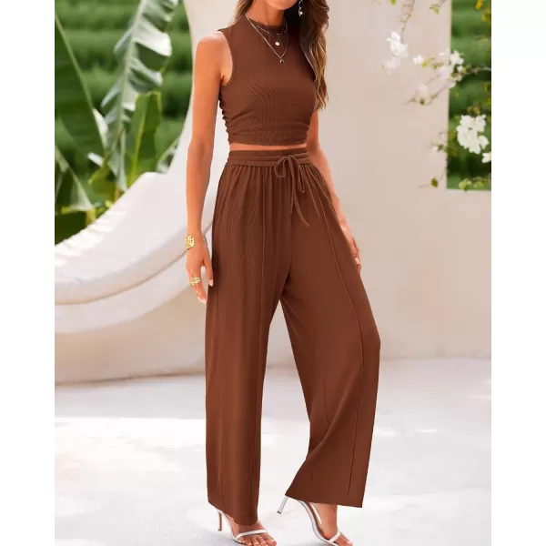BTFBM Women Summer 2 Piece Outfits Ribbed Knit Crew Neck Sleeveless Cropped Top Elastic Waist Wide Leg Pants Lounge SetSolid Brown