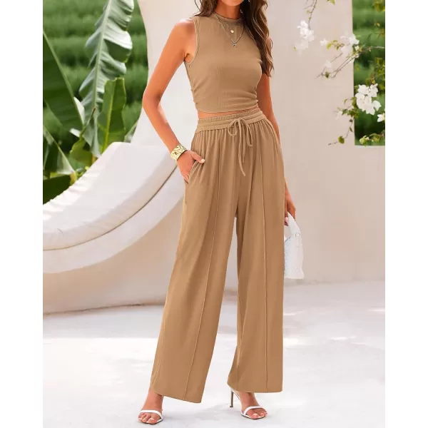 BTFBM Women Summer 2 Piece Outfits Ribbed Knit Crew Neck Sleeveless Cropped Top Elastic Waist Wide Leg Pants Lounge SetSolid Camel