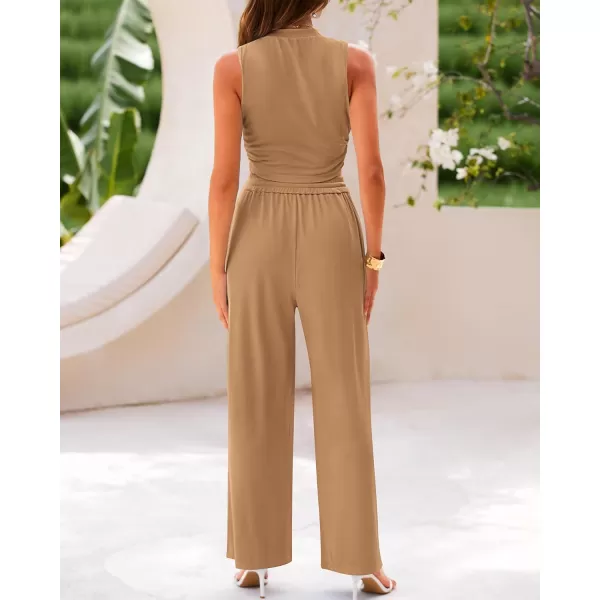 BTFBM Women Summer 2 Piece Outfits Ribbed Knit Crew Neck Sleeveless Cropped Top Elastic Waist Wide Leg Pants Lounge SetSolid Camel