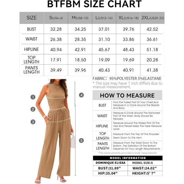 BTFBM Women Summer 2 Piece Outfits Ribbed Knit Crew Neck Sleeveless Cropped Top Elastic Waist Wide Leg Pants Lounge SetSolid Camel