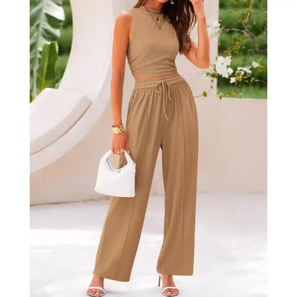 BTFBM Women Summer 2 Piece Outfits Ribbed Knit Crew Neck Sleeveless Cropped Top Elastic Waist Wide Leg Pants Lounge SetSolid Camel