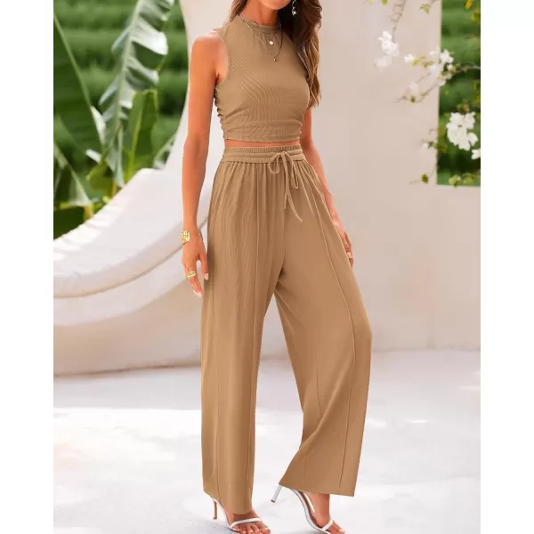 BTFBM Women Summer 2 Piece Outfits Ribbed Knit Crew Neck Sleeveless Cropped Top Elastic Waist Wide Leg Pants Lounge SetSolid Camel