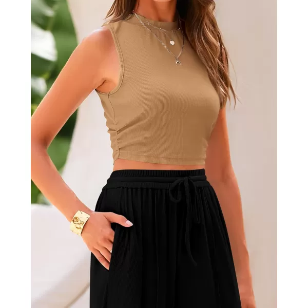 BTFBM Women Summer 2 Piece Outfits Ribbed Knit Crew Neck Sleeveless Cropped Top Elastic Waist Wide Leg Pants Lounge SetSolid Camel Black