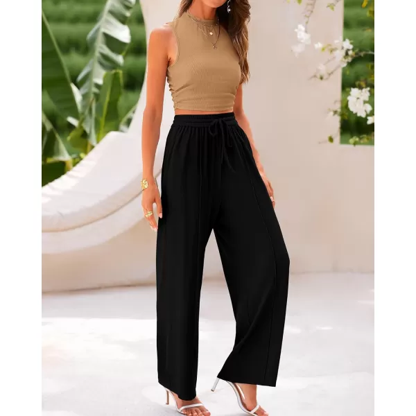 BTFBM Women Summer 2 Piece Outfits Ribbed Knit Crew Neck Sleeveless Cropped Top Elastic Waist Wide Leg Pants Lounge SetSolid Camel Black