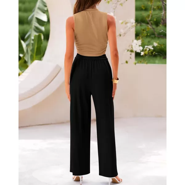 BTFBM Women Summer 2 Piece Outfits Ribbed Knit Crew Neck Sleeveless Cropped Top Elastic Waist Wide Leg Pants Lounge SetSolid Camel Black