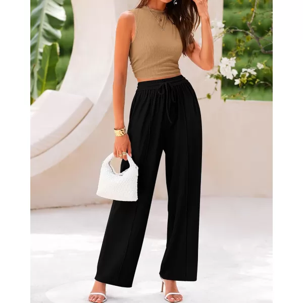 BTFBM Women Summer 2 Piece Outfits Ribbed Knit Crew Neck Sleeveless Cropped Top Elastic Waist Wide Leg Pants Lounge SetSolid Camel Black