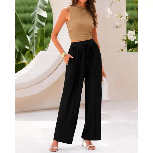 BTFBM Women Summer 2 Piece Outfits Ribbed Knit Crew Neck Sleeveless Cropped Top Elastic Waist Wide Leg Pants Lounge SetSolid Camel Black