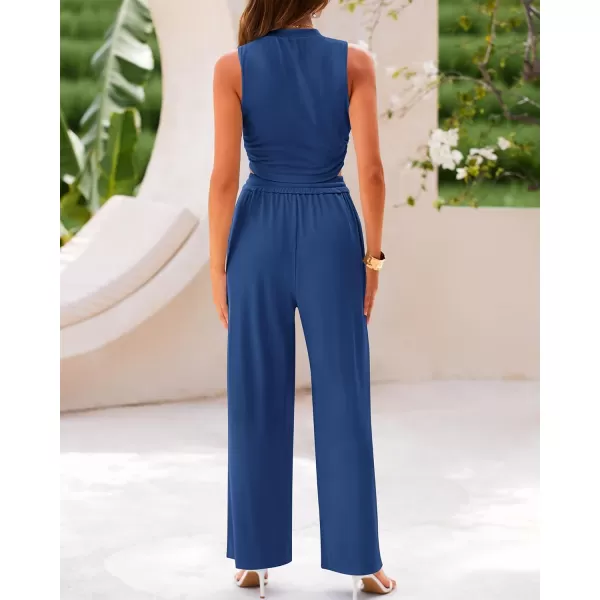 BTFBM Women Summer 2 Piece Outfits Ribbed Knit Crew Neck Sleeveless Cropped Top Elastic Waist Wide Leg Pants Lounge SetSolid Dark Blue