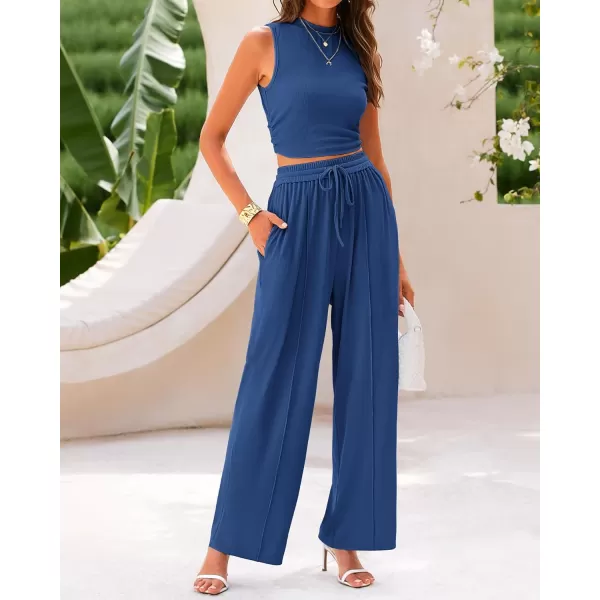 BTFBM Women Summer 2 Piece Outfits Ribbed Knit Crew Neck Sleeveless Cropped Top Elastic Waist Wide Leg Pants Lounge SetSolid Dark Blue
