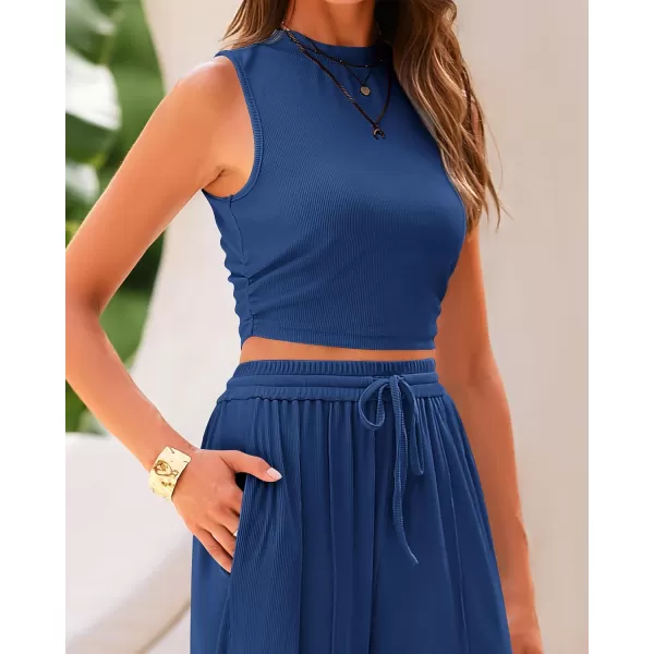 BTFBM Women Summer 2 Piece Outfits Ribbed Knit Crew Neck Sleeveless Cropped Top Elastic Waist Wide Leg Pants Lounge SetSolid Dark Blue