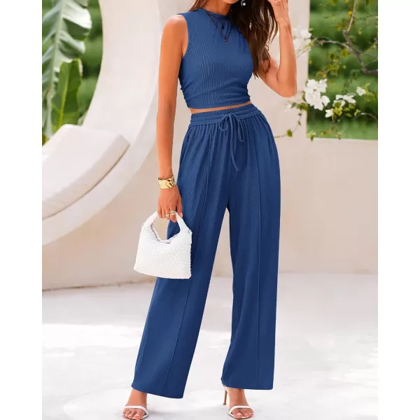 BTFBM Women Summer 2 Piece Outfits Ribbed Knit Crew Neck Sleeveless Cropped Top Elastic Waist Wide Leg Pants Lounge SetSolid Dark Blue